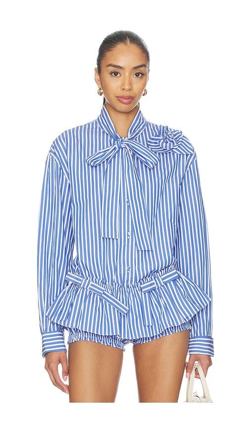 aknvas flor poplin deep blue stripe shirt with one rose in blue.