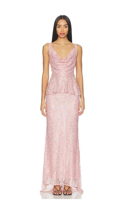 aknvas klara beaded gown in pink.