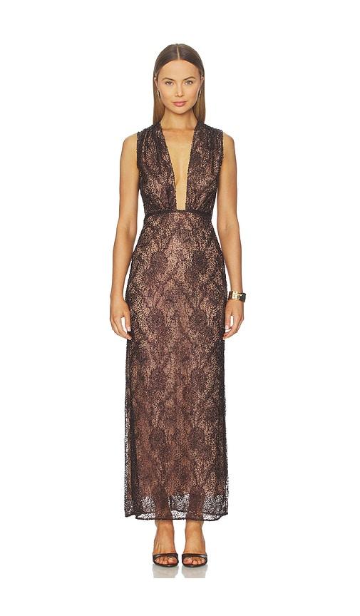 aknvas leo beaded gown in chocolate.
