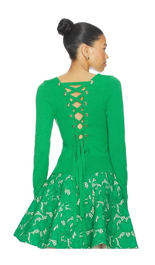 aknvas lily lace up knit top in green.