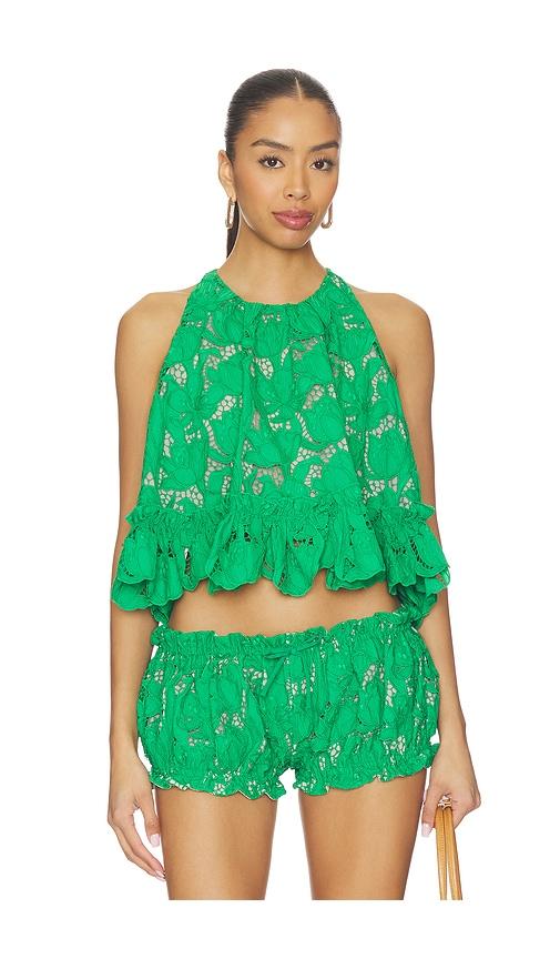 aknvas mika guipure lace halter top in green.
