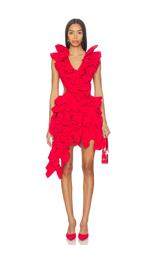 aknvas olive ruffle dress in red.
