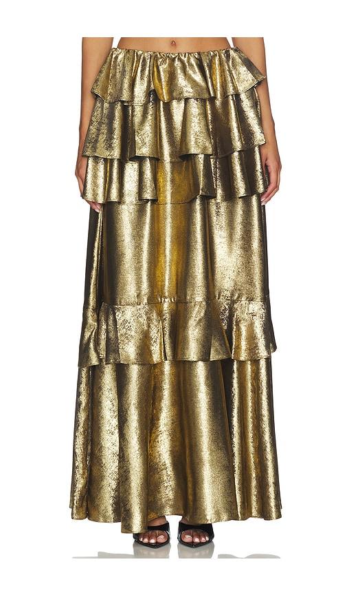 aknvas vilhelmine gold tiered skirt in metallic gold.