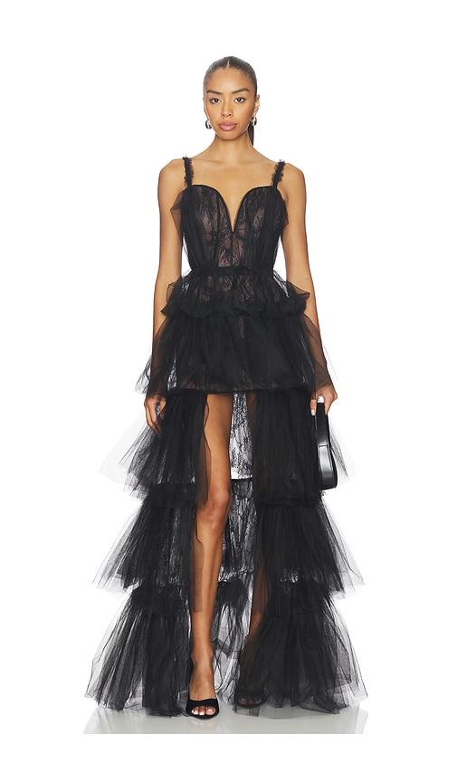 aknvas x revolve alfhild bustier tiered gown in black.