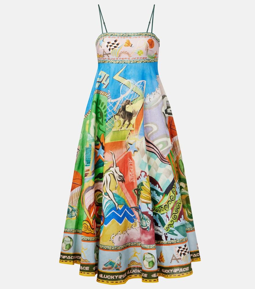 alémais lucky pace printed linen midi dress
