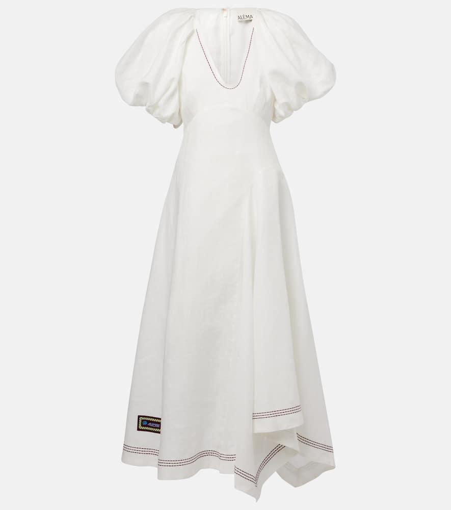 alémais magnolia embroidered linen midi dress