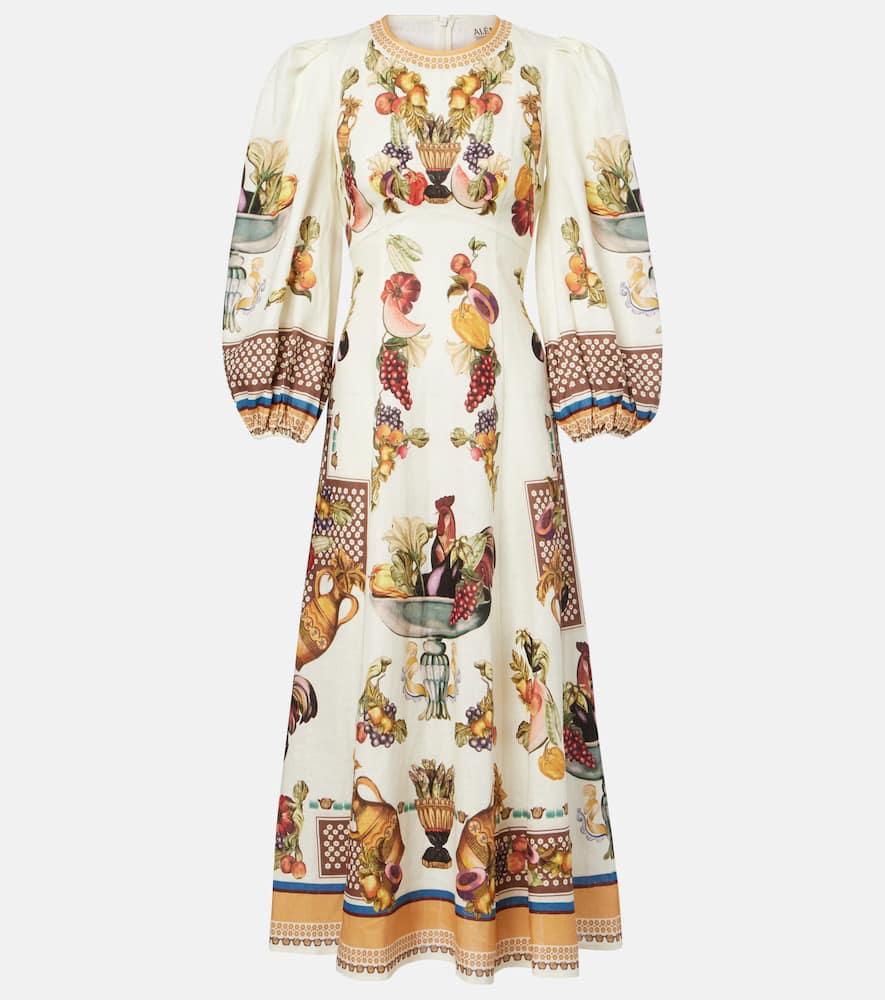 alémais mercado printed linen midi dress