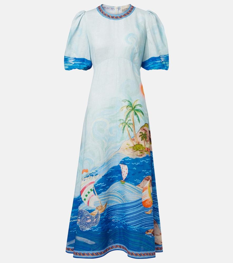 alémais printed linen midi dress