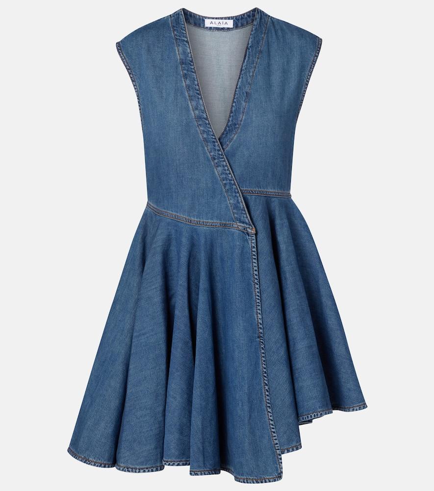 alaïa asymmetric denim wrap dress