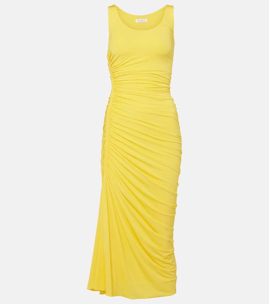 alaïa asymmetric gathered jersey midi dress