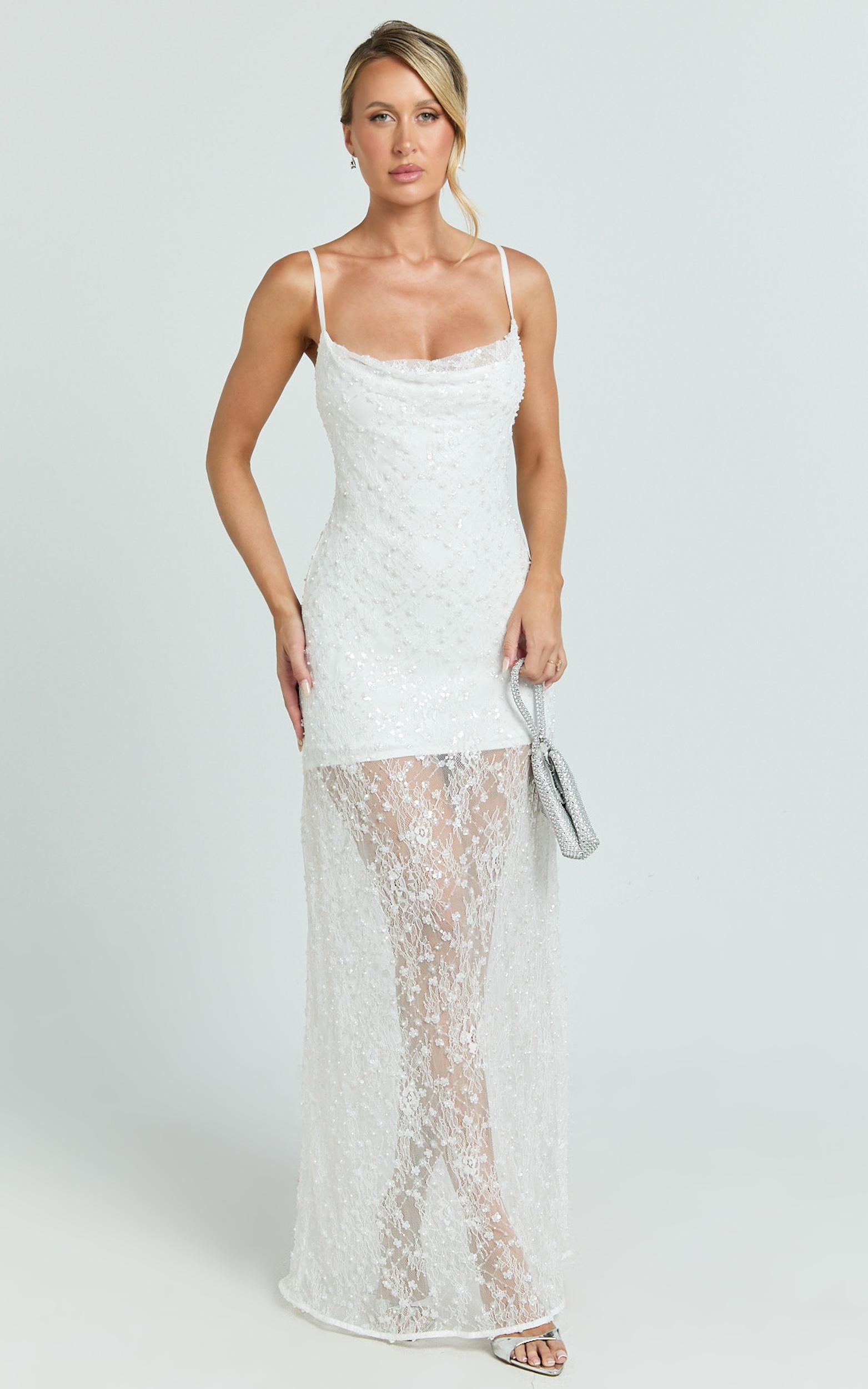 alana maxi dress - lace sequin cowl neck dress in white