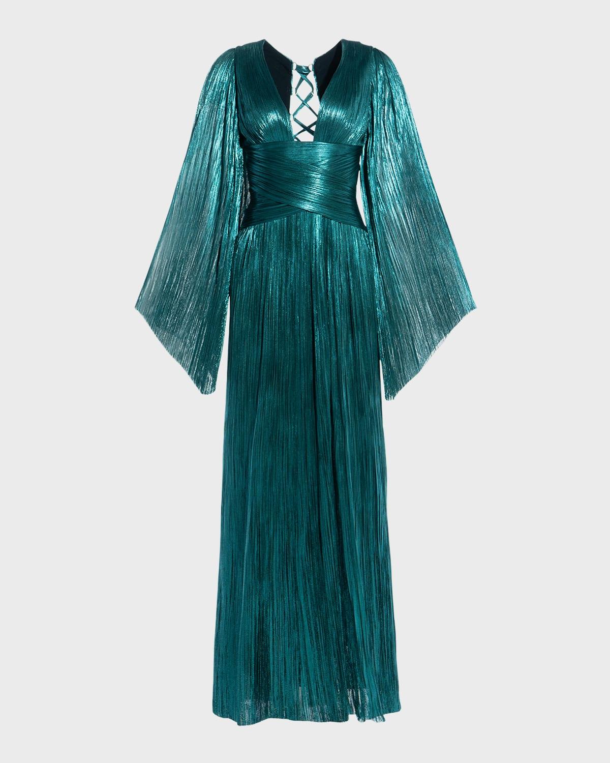 alana plunging long-sleeve metallic plisse slit gown