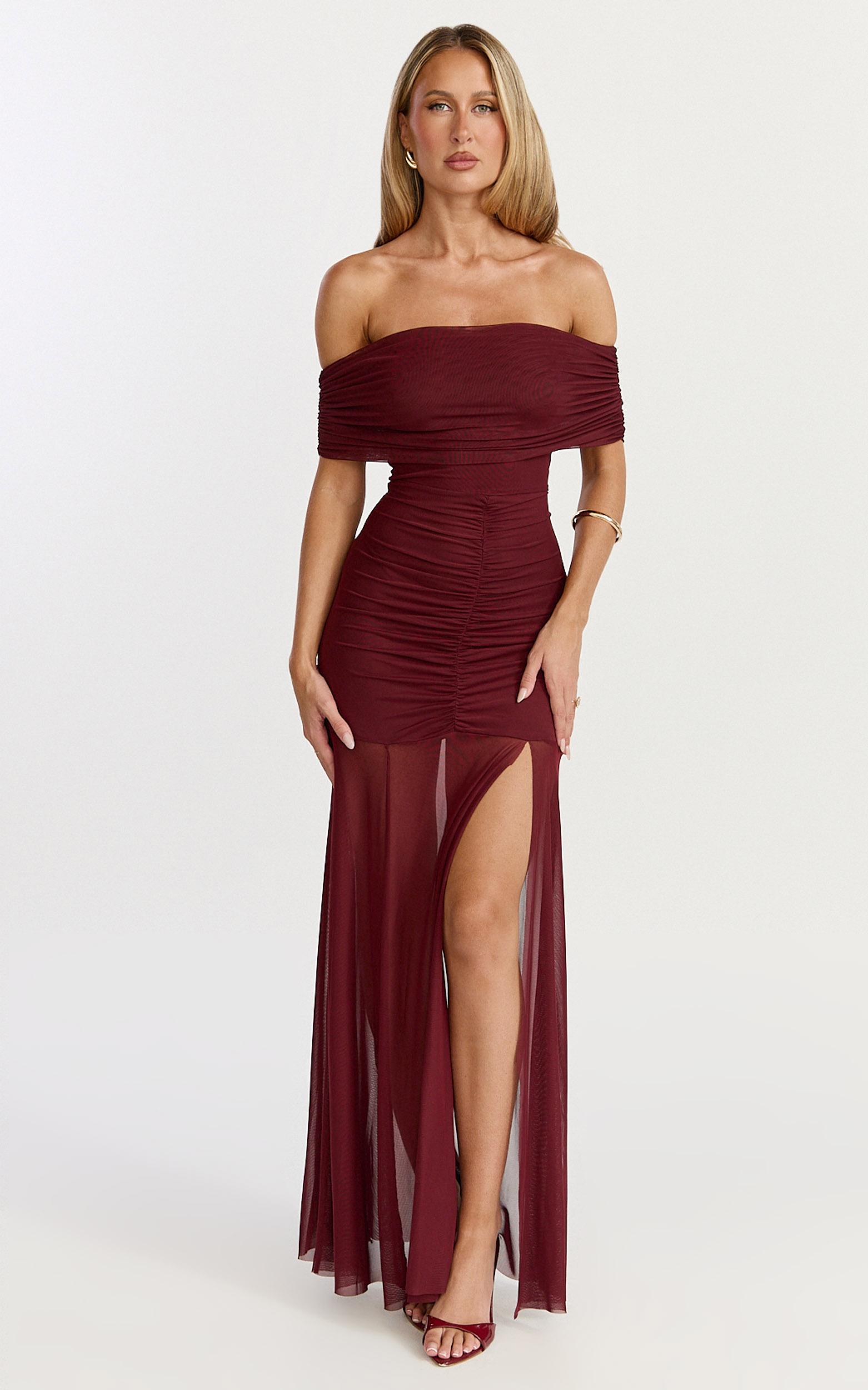 alanna maxi dress - off shoulder ruched mesh dress in wine