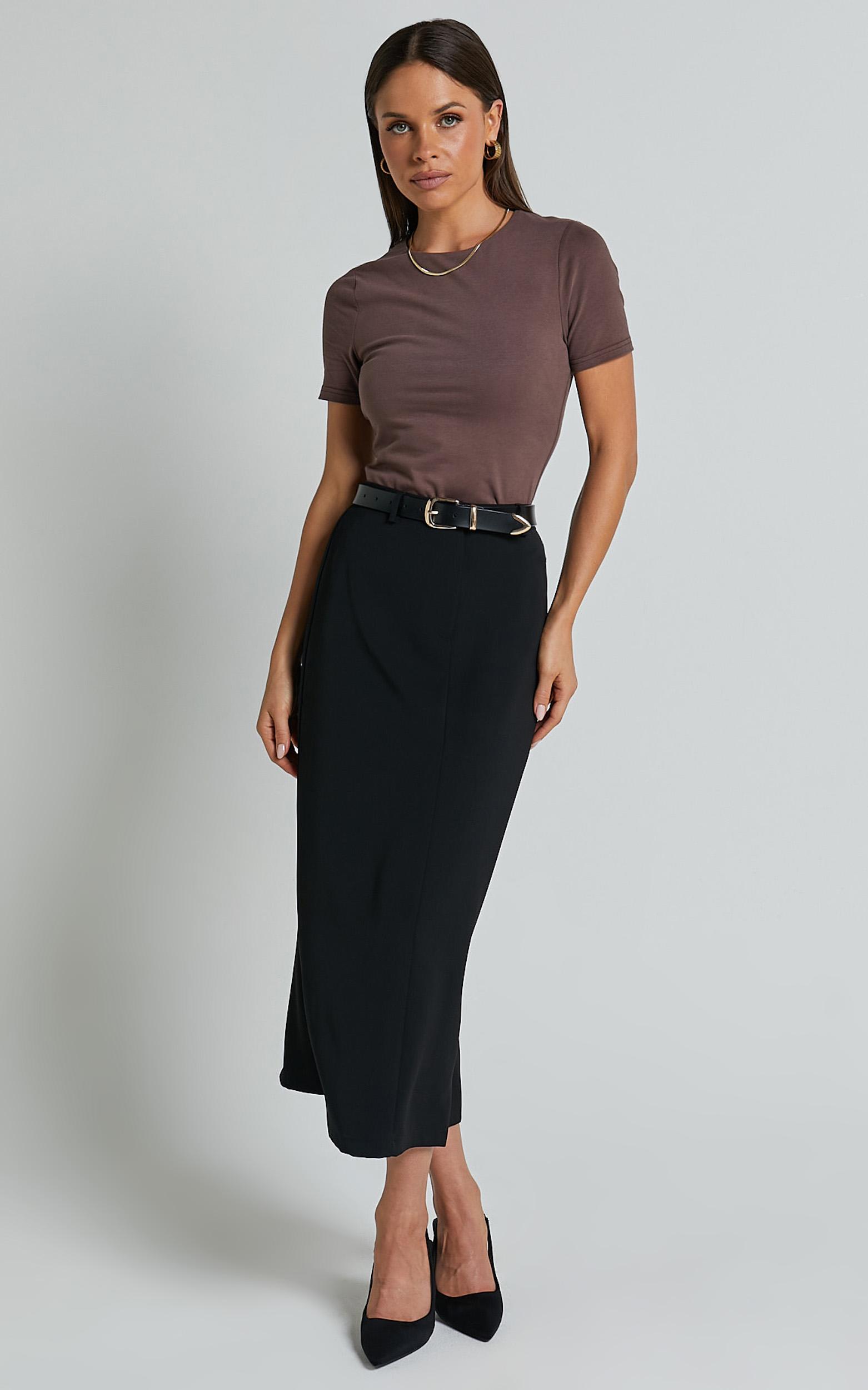 alanna midi skirt - high waisted back split pencil skirt in black
