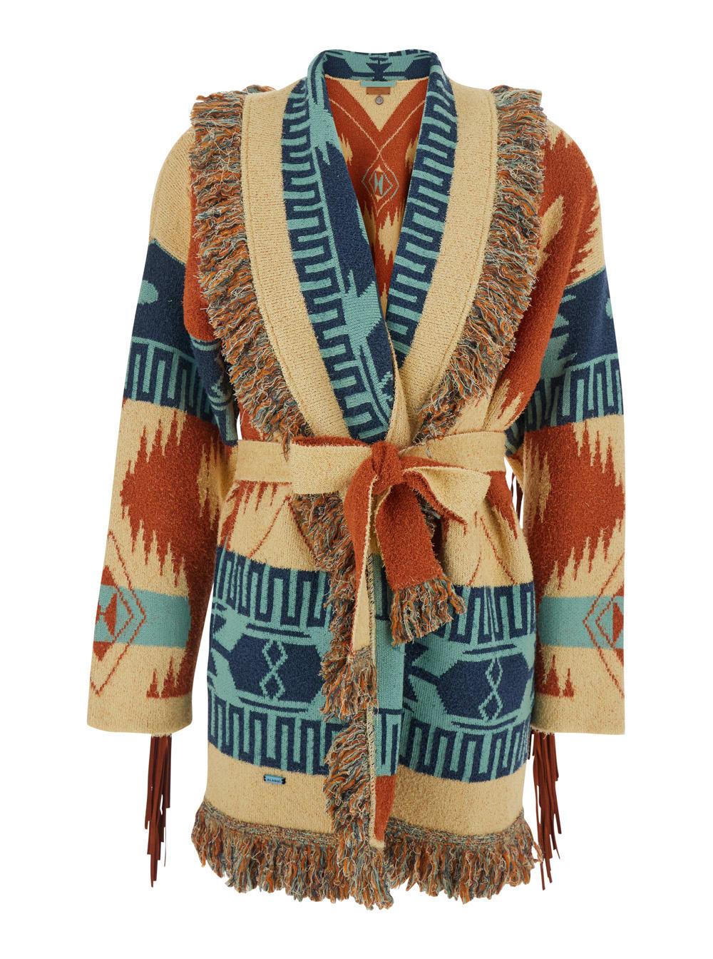alanui golden dusk multicolor cardigan fringed hem and all-over geometric motif in cotton blend for women