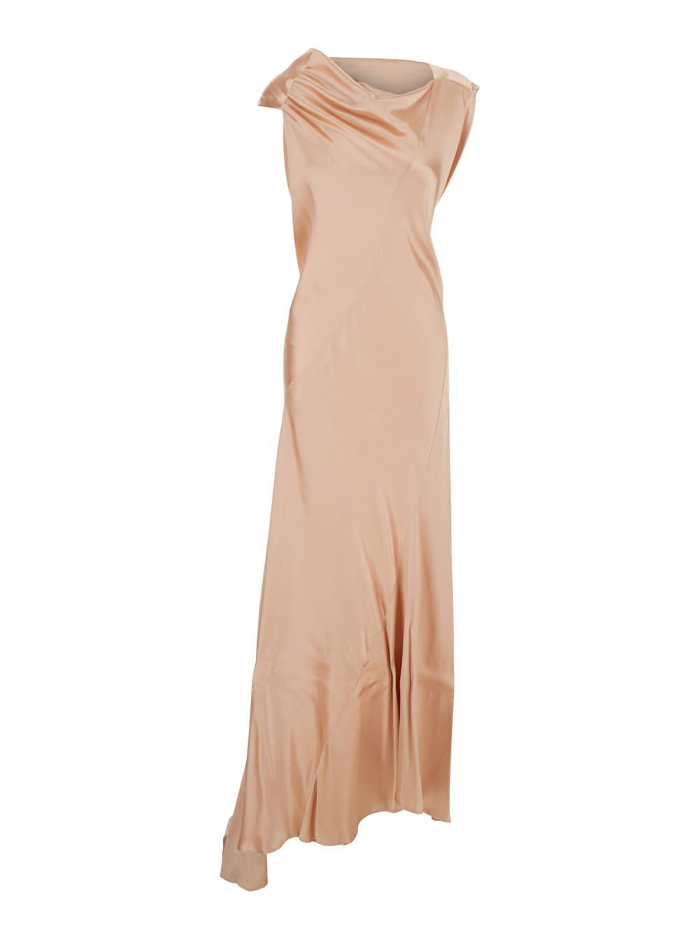 alberta ferretti pink long dress with draped details in shiny satin woman