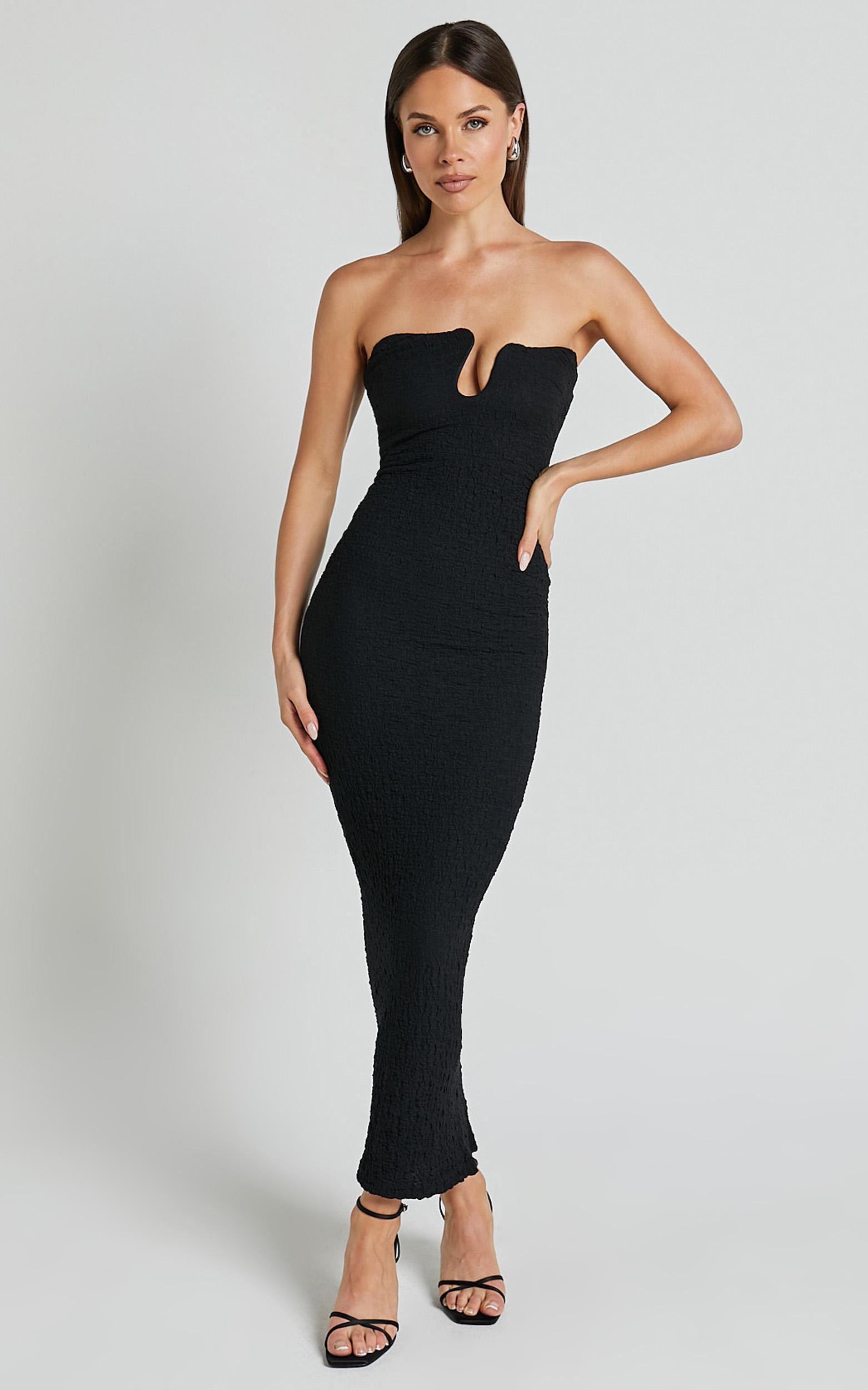 alberta maxi dress- strapless bust detail textured dress in black