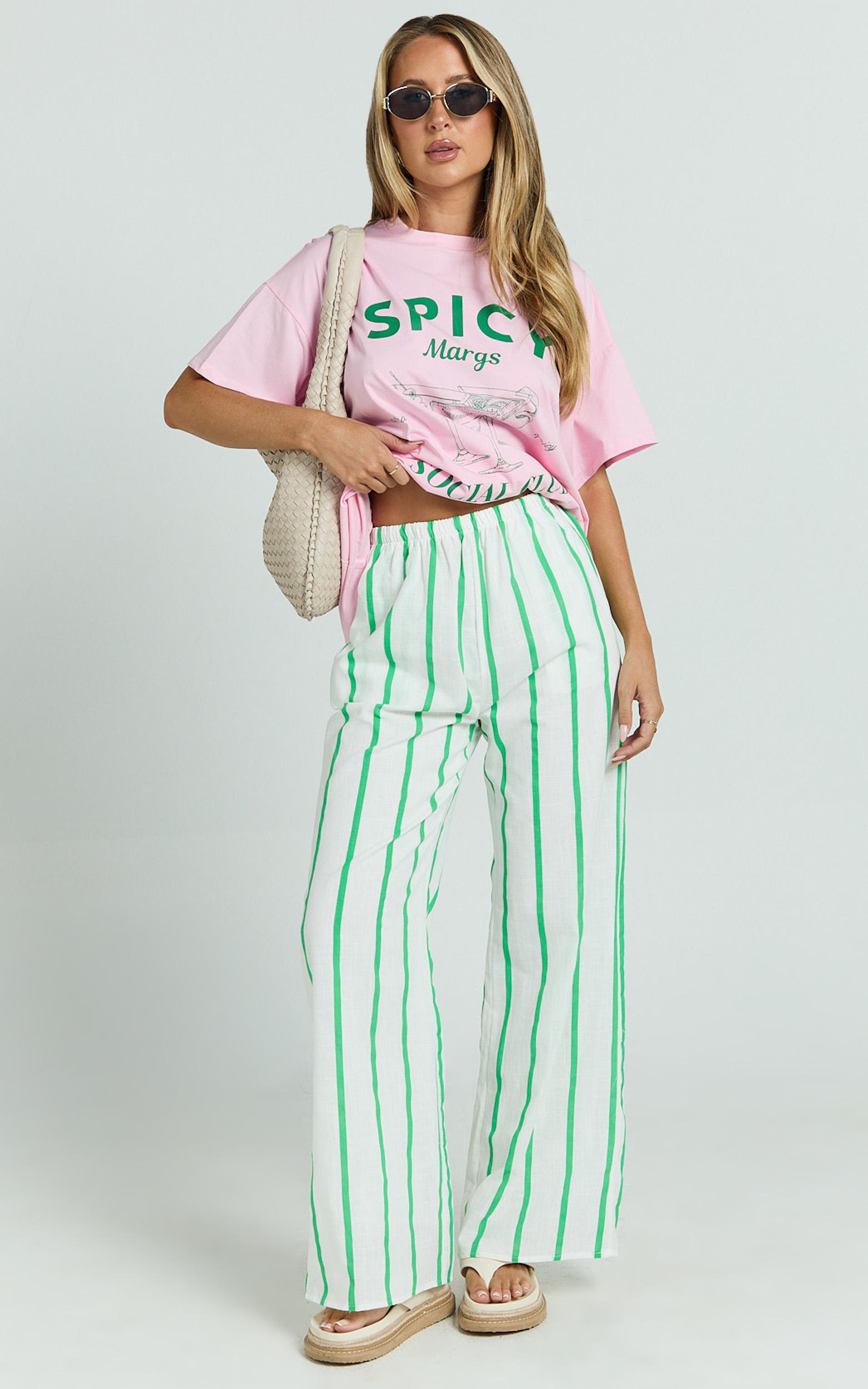 albina two piece set - spicy margs club tee and striped pant set in green