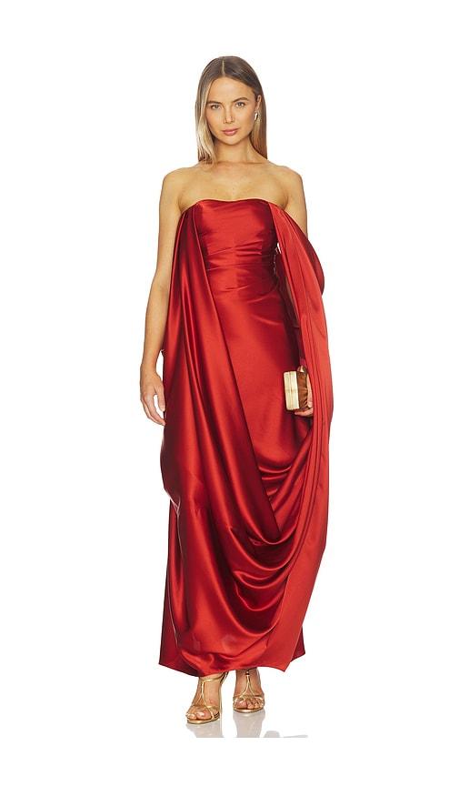 alejandra alonso rojas draped overlay gown in red.