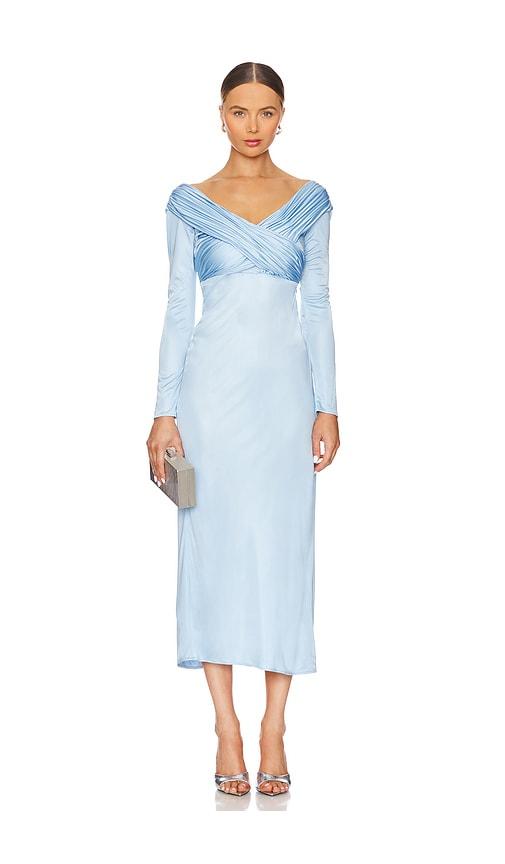 alejandra alonso rojas long sleeve draped jersey dress in blue.