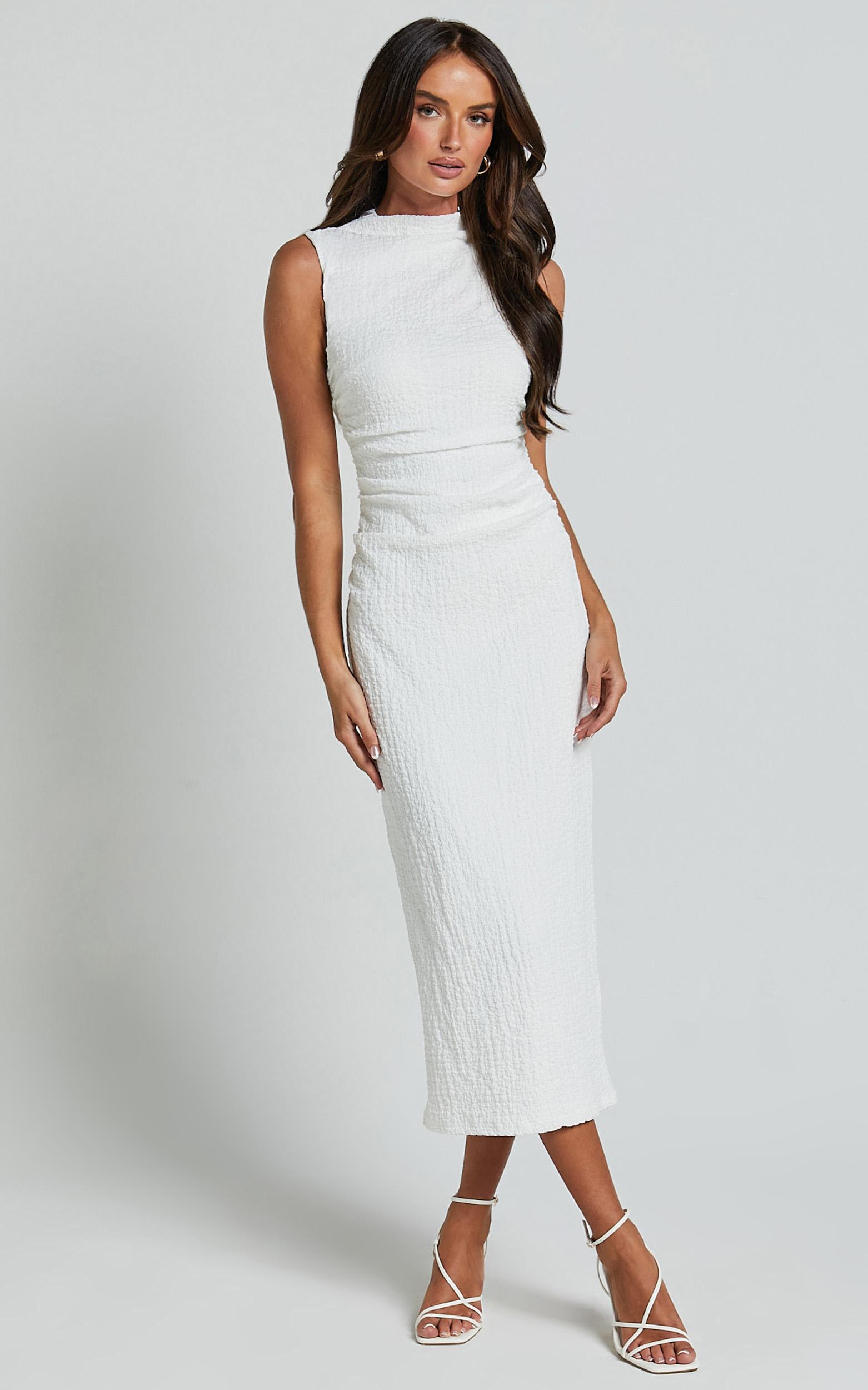 aleks midi dress - high neck bodycon dress in off white