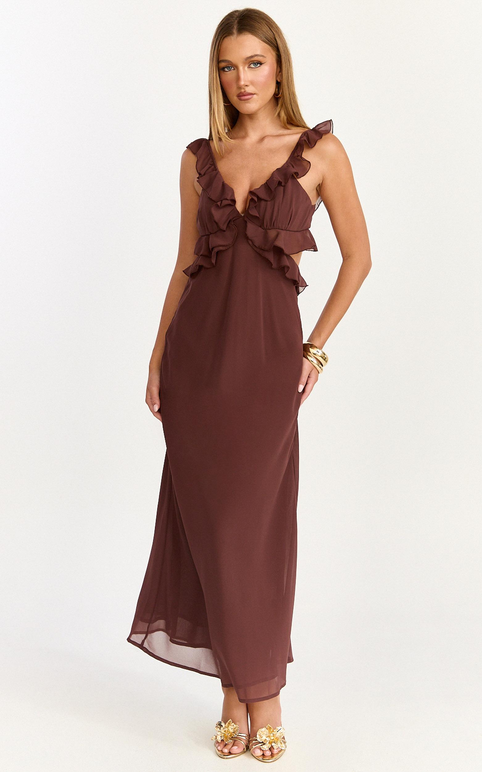 alessa maxi dress - v neck frill detail empire waist back cut out dress in brown