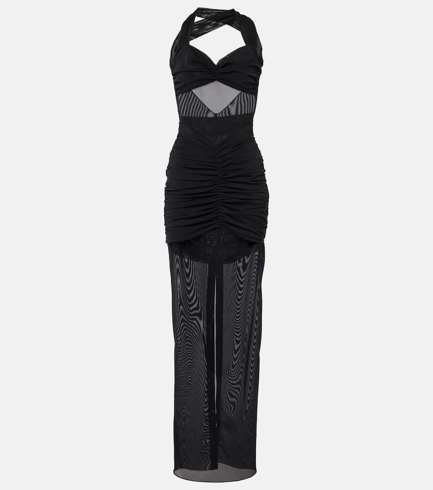alessandra rich ruched sheer mesh maxi dress
