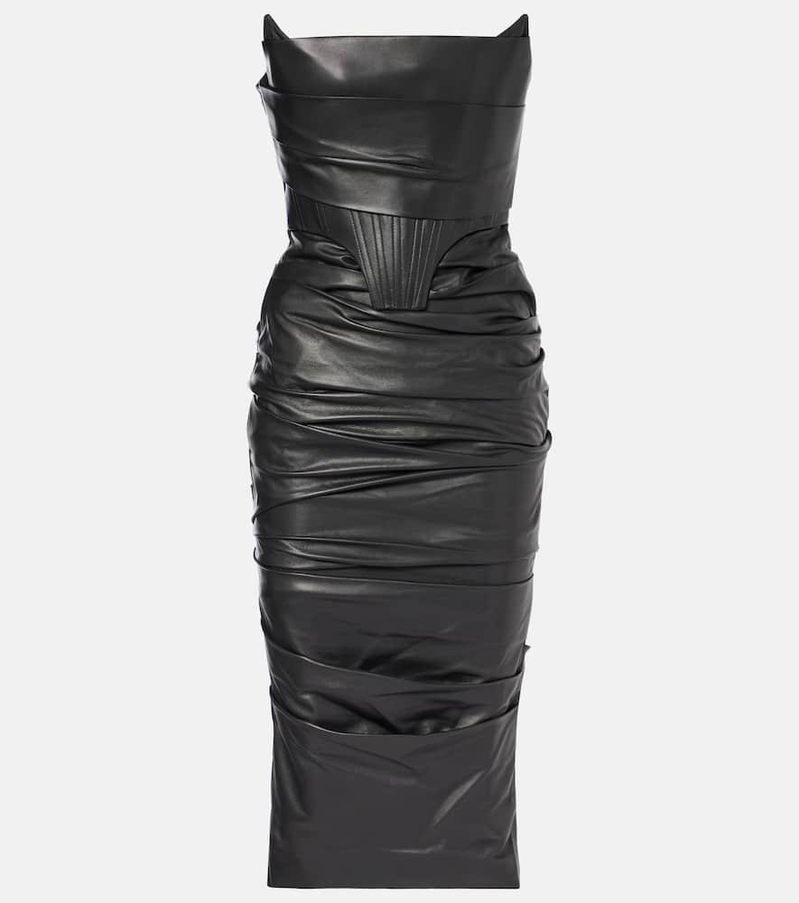 alex perry ruched leather midi dress