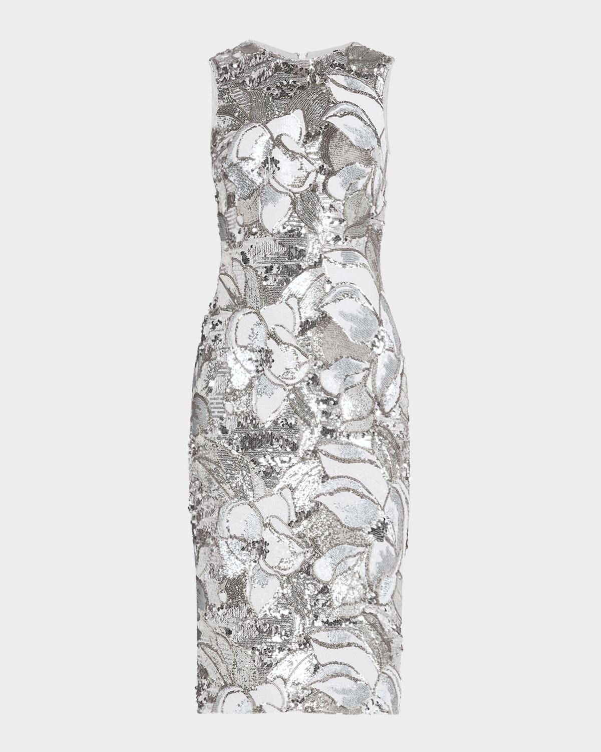 alex sleeveless floral sequin midi sheath dress