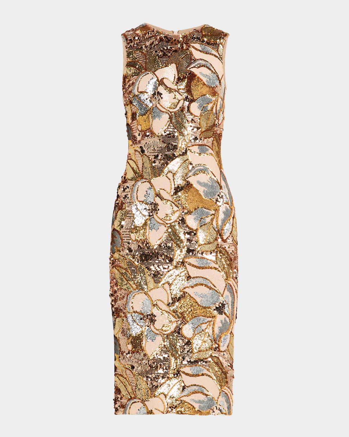alex sleeveless floral sequin midi sheath dress