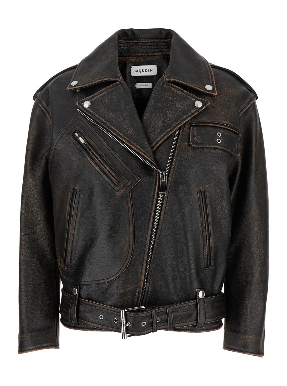 alexander mcqueen antiqued brown biker jacket with wide classic lapels and decentralized zip closure in leather woman