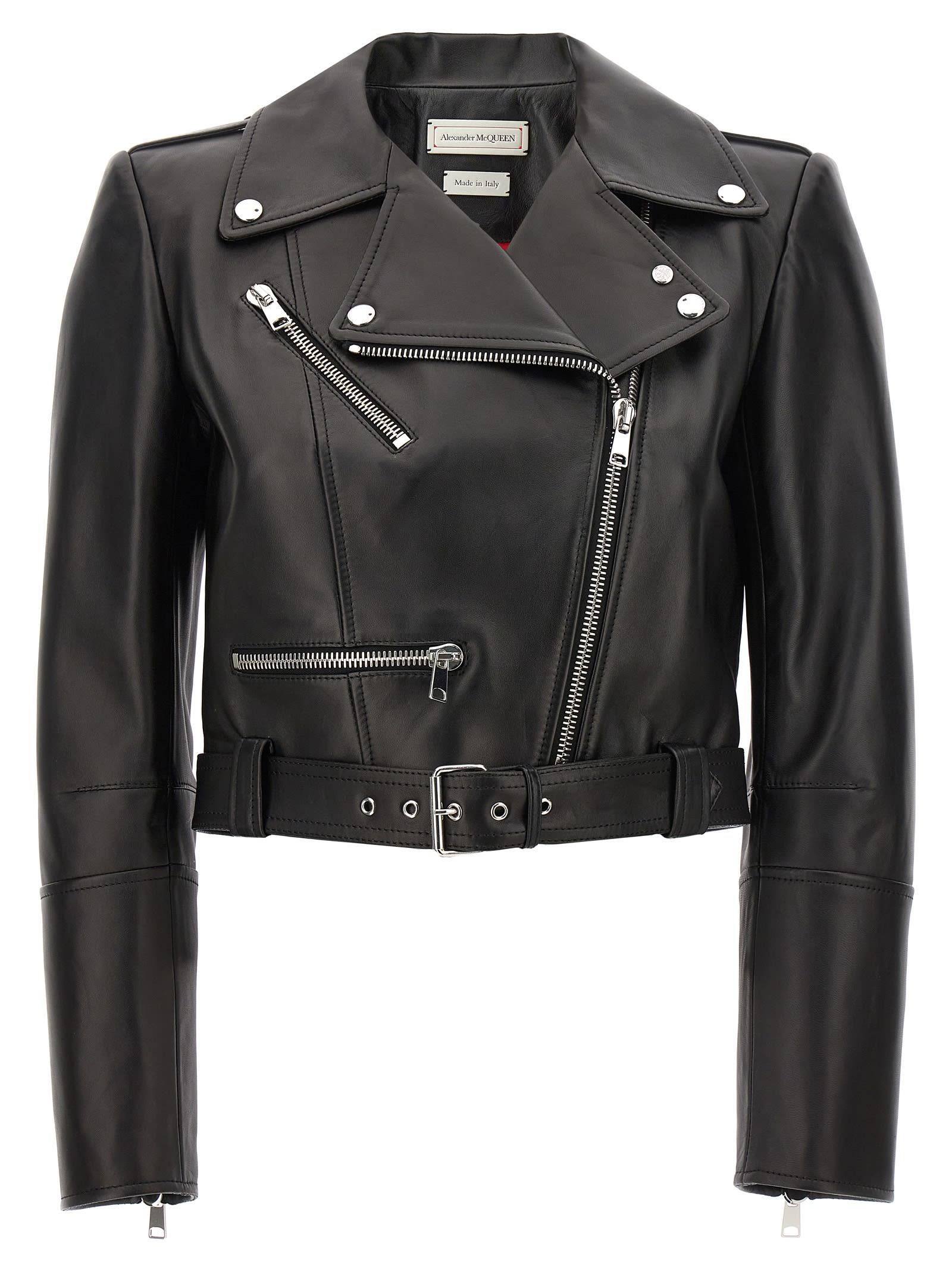 alexander mcqueen cropped biker jacket with matching belt in smooth leather