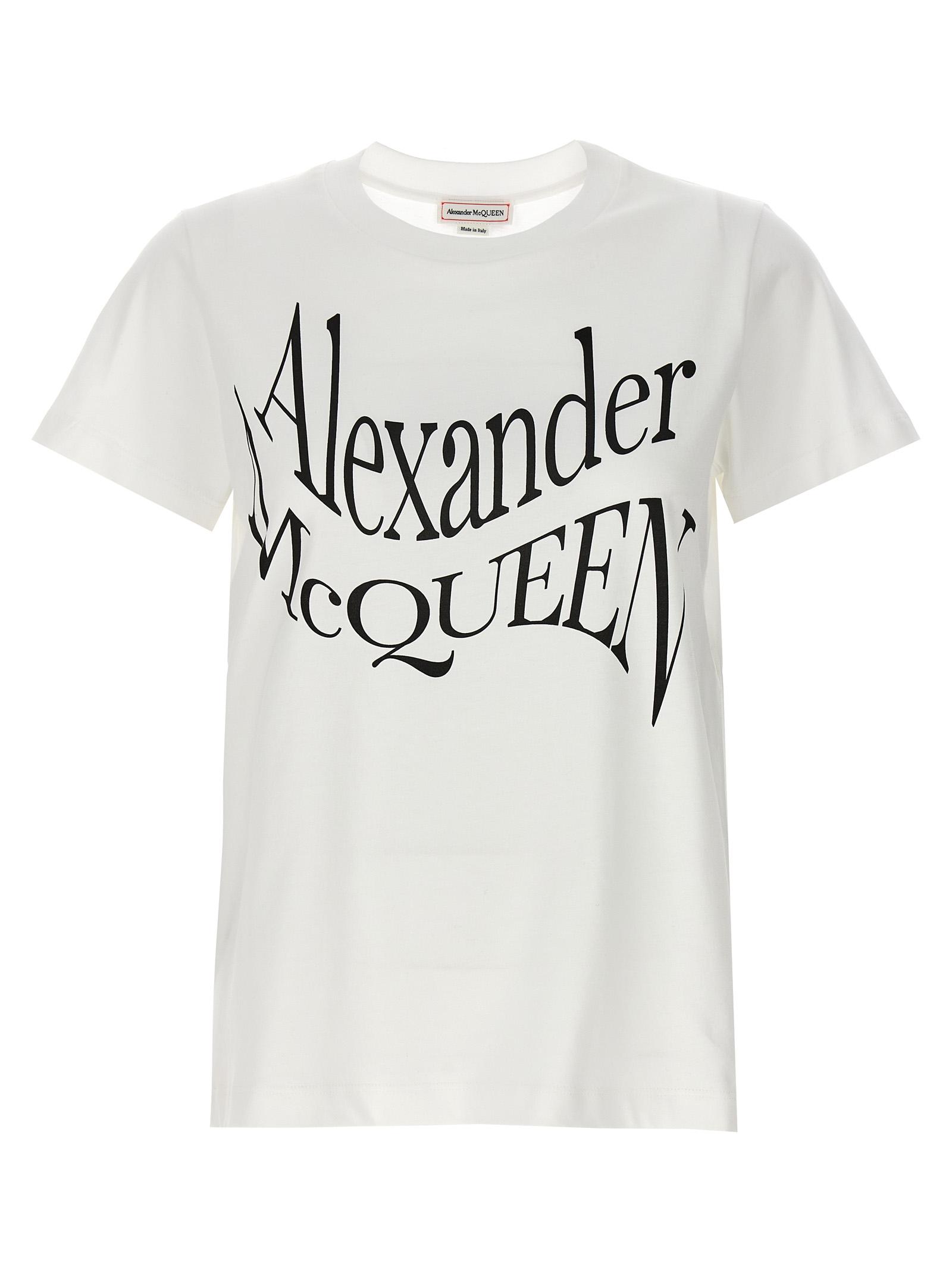 alexander mcqueen logo print t-shirt white/black cotton - women