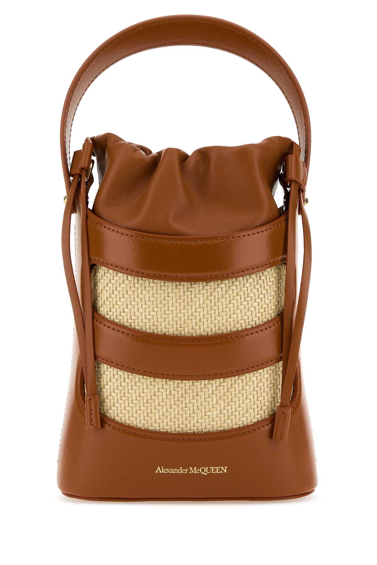 alexander mcqueen two-tone leather and raffia mini the rise bucket bag