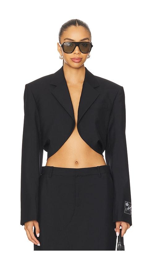 alexander wang cropped drape back blazer in black.