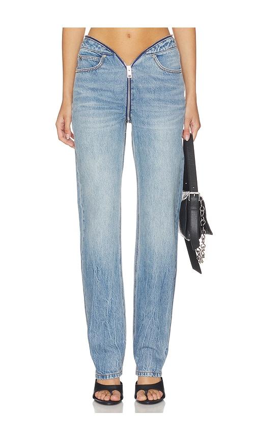 alexander wang dipped v zip waistband straight leg jeans in blue.