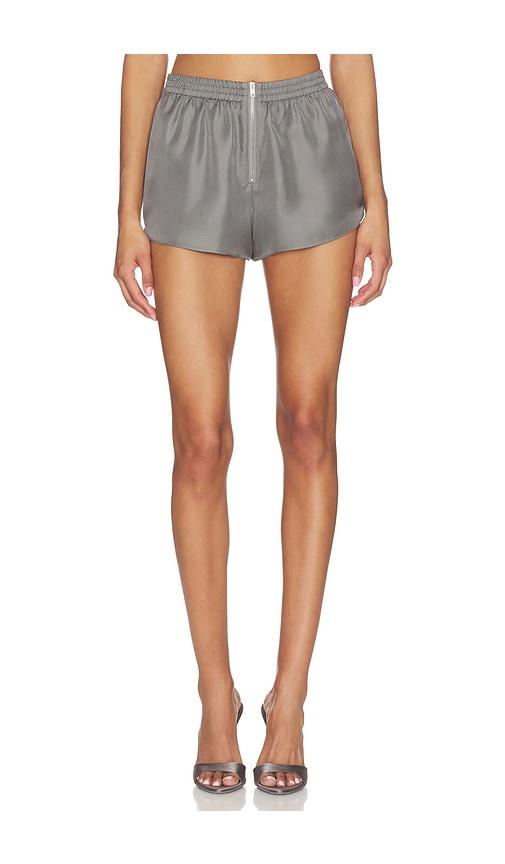 alexander wang high rise mini track short with zip front detail in grey.