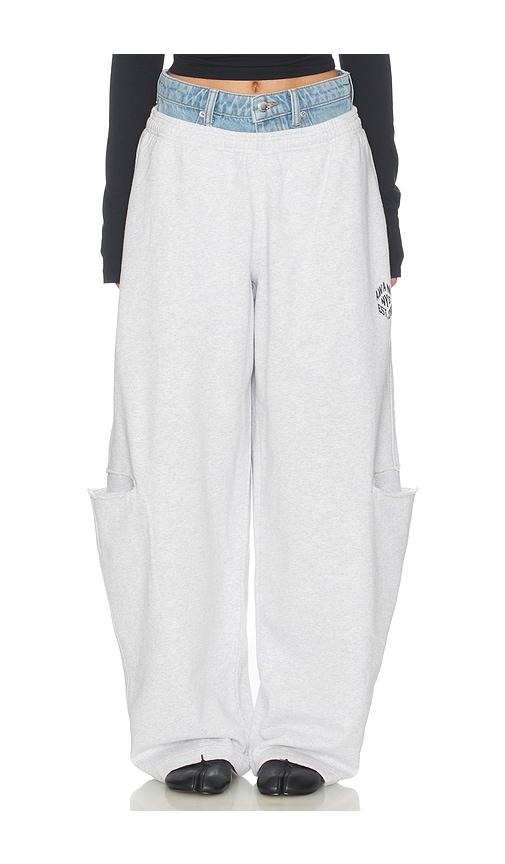 alexander wang prestyled slashed sweatpant with denim waistband in grey.