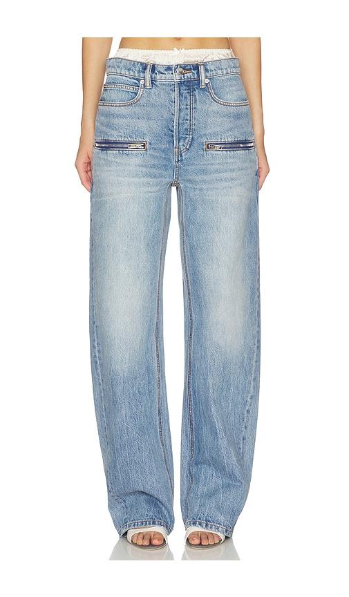 alexander wang silk prestyle float jeans with horizontal zips in blue.