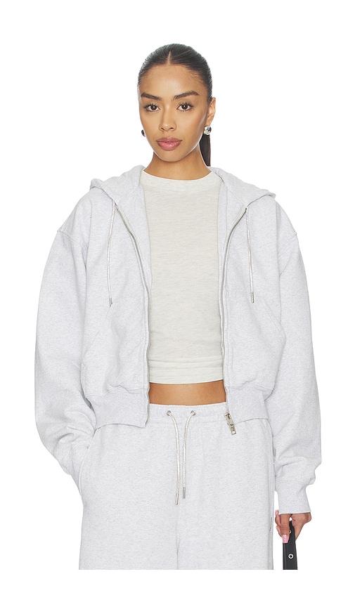 alexander wang zip up hoodie with rhinestone drawcord in light grey.