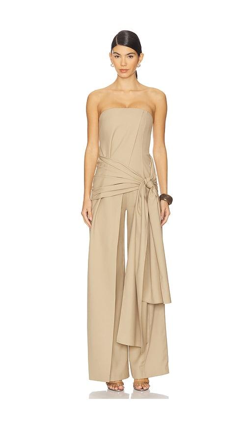 alexis kori jumpsuit in beige.
