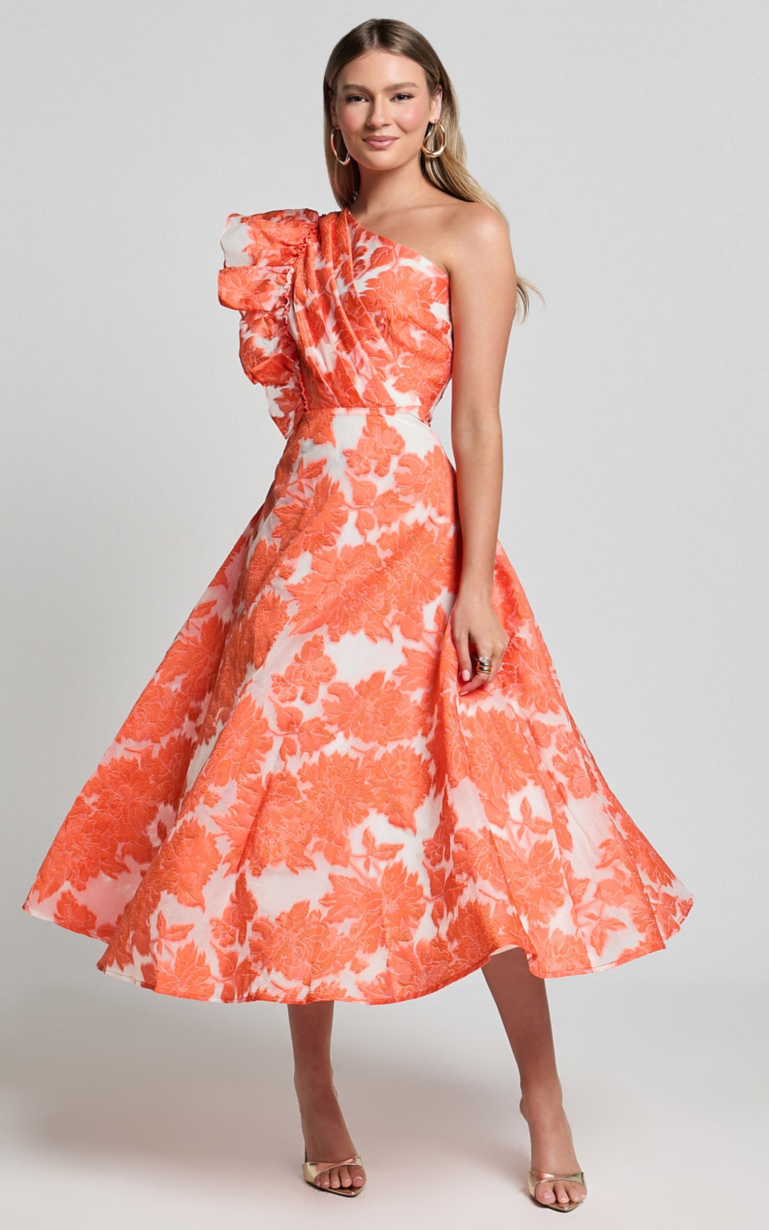 alfreda midi dress - one shoulder ruffle detail brailey jacquard dress in orange jacquard