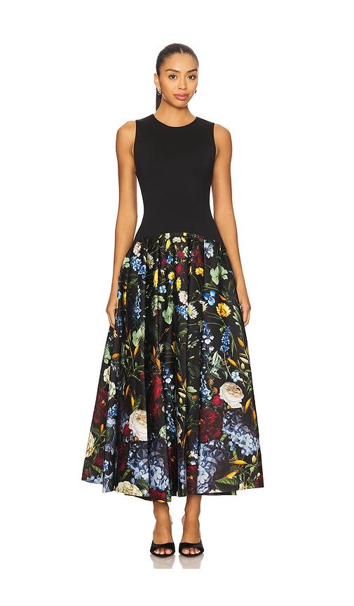 alice + olivia adley sleeveless drop waist flare midi dress in black.