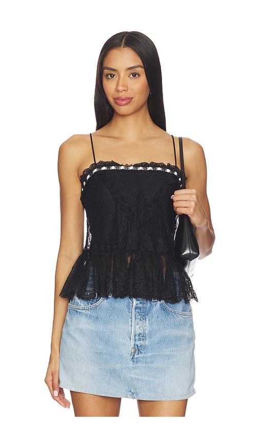 alice + olivia alessia lace ruffle crop top in black.