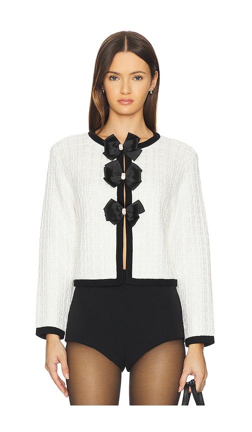 alice + olivia alira bow cardigan in white.