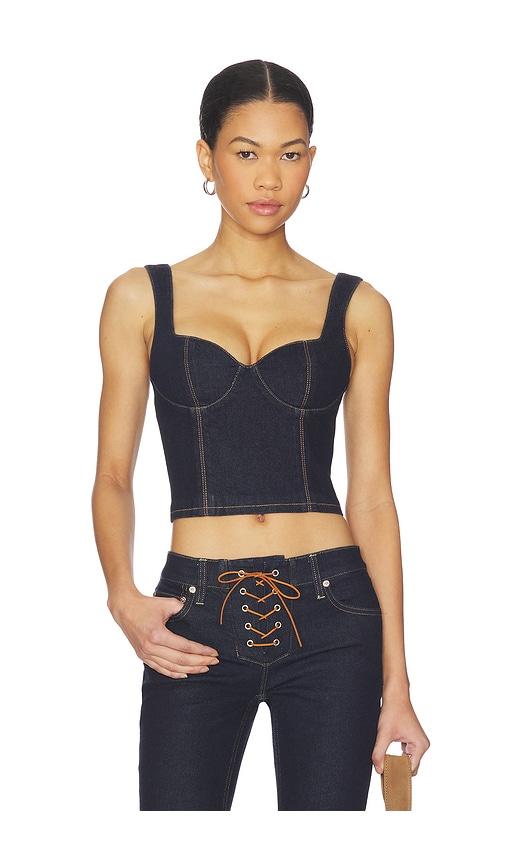 alice + olivia ava sweetheart denim bustier in blue.