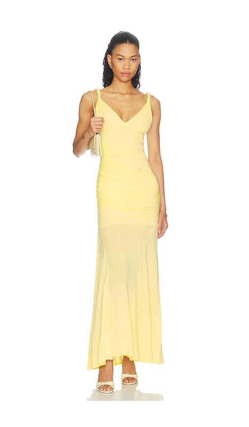 alice + olivia bianca twist strap asymmetrical godet midi dress in yellow.