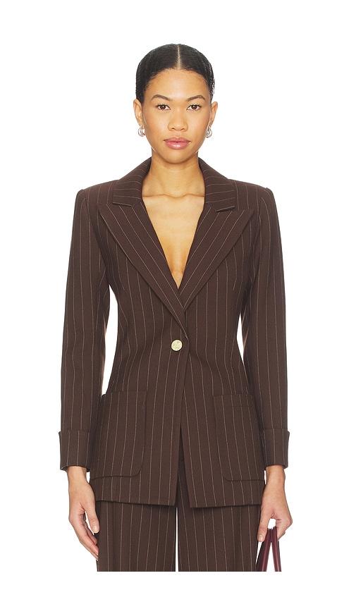 alice + olivia burns fitted roll cuff blazer in brown.