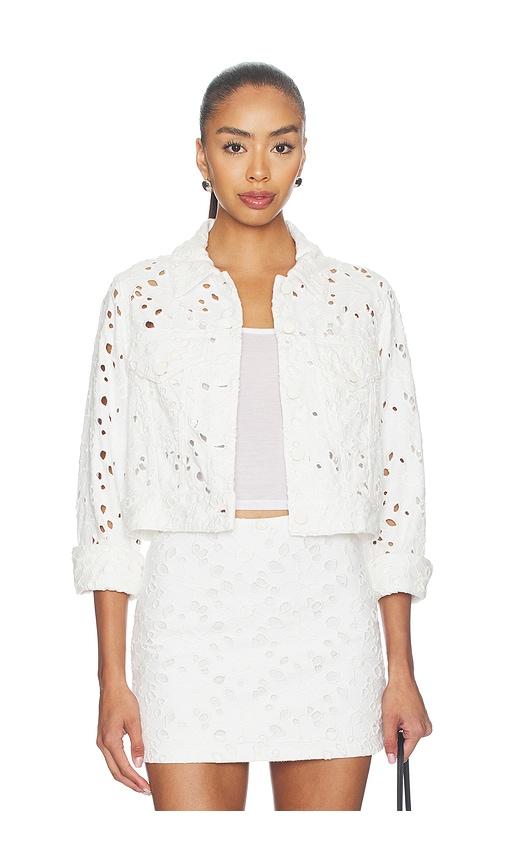 alice + olivia chloe boxy cropped jacket in white.