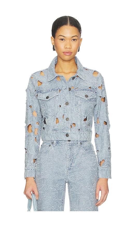 alice + olivia chloe denim jacket in blue.